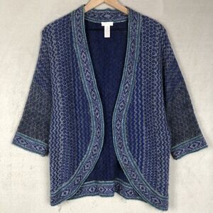CHICOS Wool Mohair Blend Open Front Sweater Cardigan Size 0 (Sm) Blue 3/4 Slv